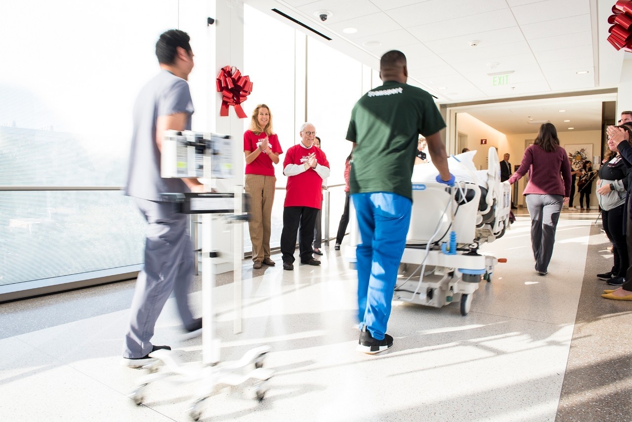 A patient is transferred to the new Stanford Hospital on Nov. 17, 2019.